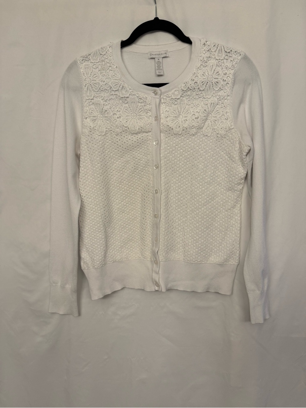 Charter Club White Lace Yoke Button-Front Cardigan Sweater